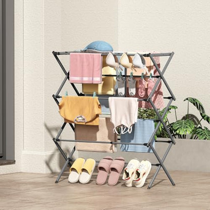 KINGBOARD 3-Tier Extendable Clothes Drying Rack, Small & Foldable, Grey - color: Gray