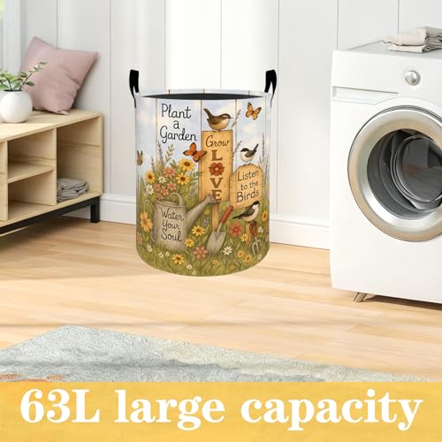 Garden Bird Laundry Basket with Handles, Rustic Floral Signs Foldable Clothes Hamper, Vintage Cottage Waterproof Oxford Cloth Storage Bin Gifts Decor for Bedroom Bathroom Closet, 19.7"X15.7" - color: Bird