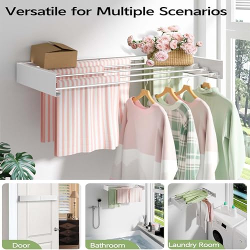 Wall Mounted Clothes Drying Rack 31.5 Inches,Clothes Drying Rack Wall Mounted,Collapsible Hanging Racks for Laundry,Foldbale Laundry Drying Rack Wall Mount with Wall Template, 5 Rods, White - size: 31.5"