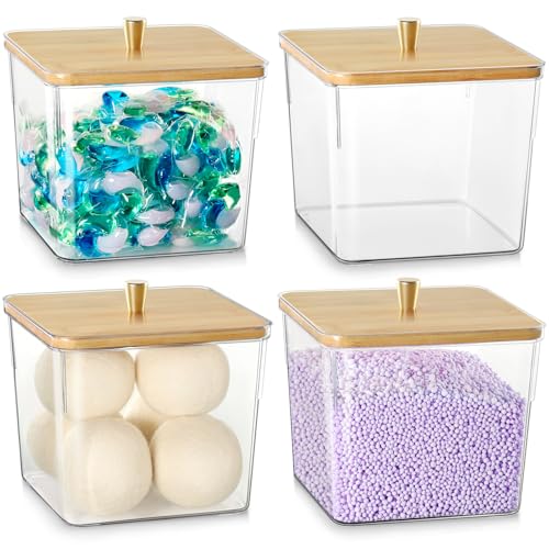 4 Pack Laundry Detergent Container, Clear Laundry Room Organization Containers, Large Laundry Powder Storage Organizer Wooden Lids with Scoop