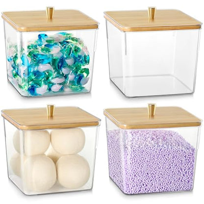 4 Pack Laundry Detergent Container, Clear Laundry Room Organization Containers, Large Laundry Powder Storage Organizer Wooden Lids with Scoop