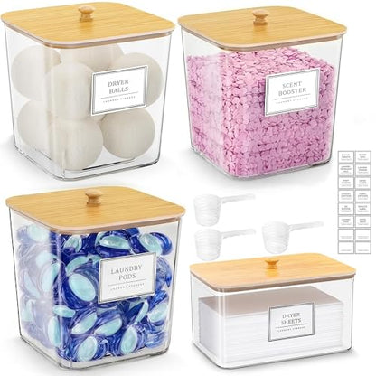 FUSHITON Laundry Pods Storage Container, 3+1 Clear Storage Bins with Bamboo Lids for Detergent Pods, Scent Beads & Dryer Sheets, Includes 16 Labels and 3 Measuring Scoops - size: 3+1 Set