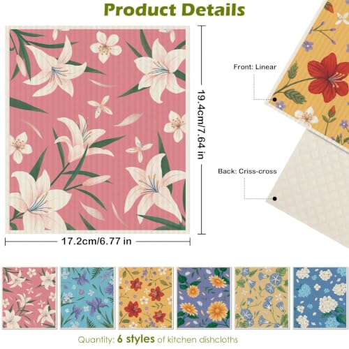 6 Pcs Swedish Paper Cloths for Kitchen, Reusable Paper Towels Washable - color: Lily Floral