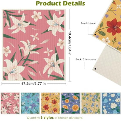6 Pcs Swedish Paper Cloths for Kitchen, Reusable Paper Towels Washable - color: Lily Floral