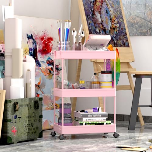 SPACEKEEPER 3 Tier Rolling Cart, Bathroom Cart Organizer with Wheels, Pink - color: Pink, size: 3 Tier