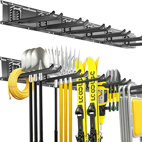 Garage Tool Organizer Wall Mount, 48 Inch Heavy Duty Garden Tool Organizer Storage System, Easy Install with 6 Adjustable Straight Hooks, for Garage, Basement, Shed, Workshop, Black, Steel - size: 48" - 6 Straight Hooks