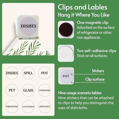 Eulnars Swedish Dishcloths for Kitchen, 8 Pack Green Reusable Paper Towels with Clips, Non-Scratch Swedish Kitchen Towels, Super Absorbent Cellulose Sponge Cloths, Dishwasher Safe, No Odor - color: Green Leaves