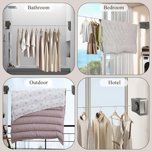 Retractable Clothesline Outdoor Indoor, 16.7FT Heavy Duty Clothes Drying Line, Anti-Sag Wall Mount Stainless Steel Laundry Line with Lock & Tighten Device, for Balcony Bathroom (Black)