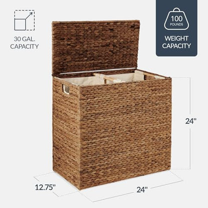 Best Choice Products Large Laundry Hamper with Lid, Natural Handwoven Hyacinth Laundry Basket, W/Removeable & Washable Liner Bag, Portable, Handles, 30 Gallon (114 liters) - Chestnut - color: Chestnut, size: Large, 114L