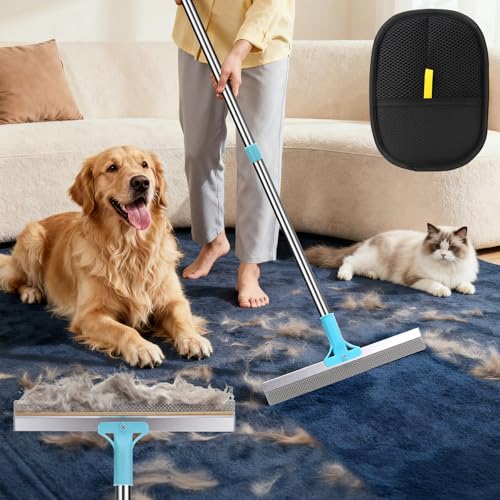 AIERSA Multifunctional Carpet Rake for Pet Hair Removal Tool 2 in 1 Metal and TPU Matted Carpet Scraper 54" Dog Hair Broom with Electrostatic Remover Glove for Couch Furniture Car