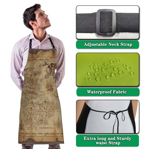 Baking Apron for Women Pirate Treasure Map Fun Aprons for Men for Kitchen Cooking Restaurant BBQ Painting Crafting 27” (W) x 31” (H), Waterproof Aprons - color: Pirate Treasure Map