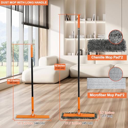 JEHONN Dust Mop for Hardwood Floors, Broom Duster with Unique 90° Foldable Panel, 2 Chenille and 2 Microfiber Pads, Dry Wet Flat Dustmop for Cleaning Vinyl, Laminate, Tile, Marble (Orange)