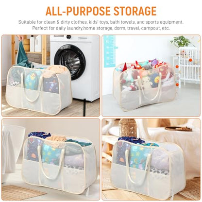 Collapsible Laundry Baskets with 3 Compartment, 150L Tear-proof Pop Up Hamper, Foldable Laundry Basket with Tote Handles, Dirty Clothes Hamper for Laundry, Bedroom, Bathroom, Dorm Beige - style: 3 Compartments- Beige