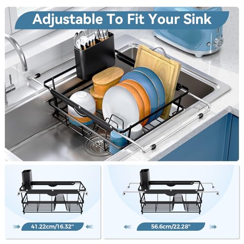 TOOLF Dish Drying Rack in Sink with Utensil Holder, RV, Apartment, Black - size: XLarge Size