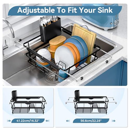 TOOLF Dish Drying Rack in Sink with Utensil Holder, RV, Apartment, Black - size: XLarge Size