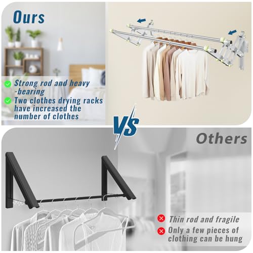 Foldable Wall Mounted Clothes Rack- Double 44'' Long Rod & 2 Thick Bases - style: 44 inches length X 2 rows