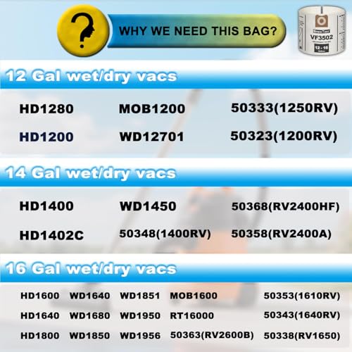 3 Pack VF3502 Replacement Bags for Rigid 12-16 Gallon Wet/Dry Vacuums - size: 3PK, style: Heavy Duty