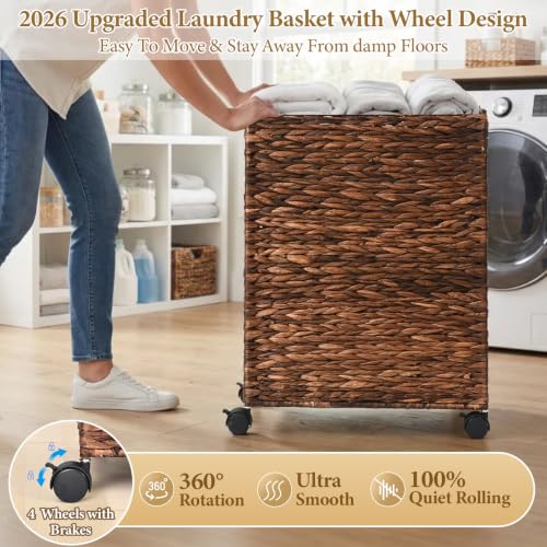 Livole Wicker Laundry Hamper with Lid & Wheel, Rattan Laundry Basket, 90L - color: Brown, size: 90L