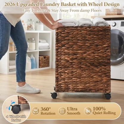 Livole Wicker Laundry Hamper with Lid & Wheel, Rattan Laundry Basket, 90L - color: Brown, size: 90L