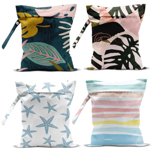 4 Pcs Wet Bag, Waterproof Wet Dry Bag, Aloha Bags Small Laundry Bag, for Swimsuit, Pool, Travel, Beach, Diapers, Dirty Yoga Gym Clothes, Makeup Bags for Travel, Tropical Palm Leaves Decor Jungle - color: 4PCS Starfish 4