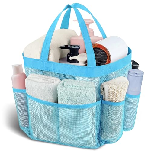 Mesh Shower Caddy Portable - 9 Pockets, Shower Bag for Dorm Room Camping - color: light blue