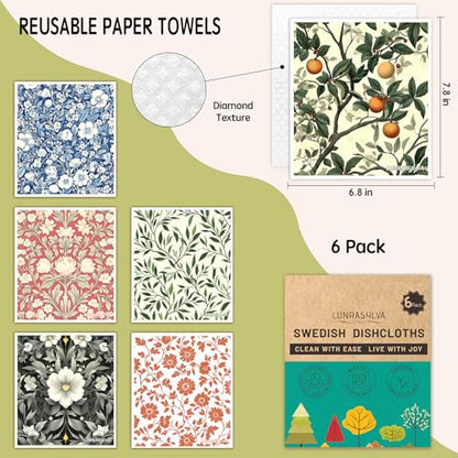Swedish Dishcloths for Kitchen 6 Pack, Reusable Paper Towels Super Absorbent, Biodegradable Quick Drying Washable Dish Cloths Dishwasher Safe, Perfect as Hostess or Housewarming Gifts (Plants) - color: Plants Theme
