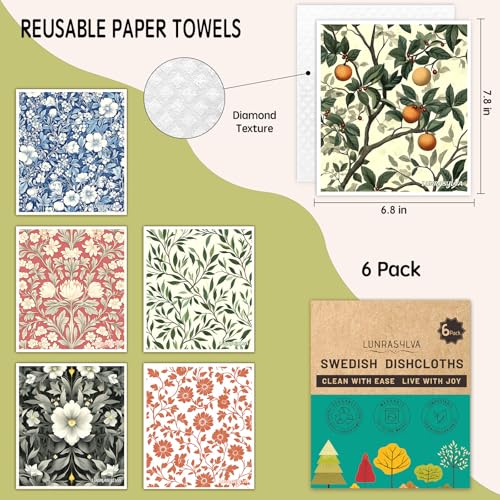 Swedish Dishcloths for Kitchen 6 Pack, Reusable Paper Towels Super Absorbent, Biodegradable Quick Drying Washable Dish Cloths Dishwasher Safe, Perfect as Hostess or Housewarming Gifts (Plants) - color: Plants Theme