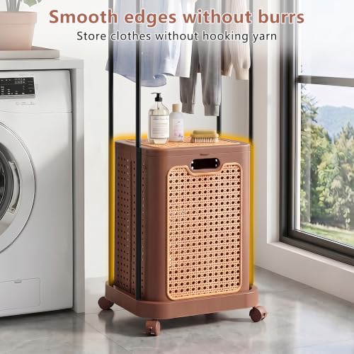 VECELO Laundry Hamper with Clothes Rack, Rolling Laundry Basket with Lid and Wheels, Tall Clothes Stand for Hanging Clothes, Multifunctional Laundry Organizer for Bedroom, Bathroom, Brown - color: Brown