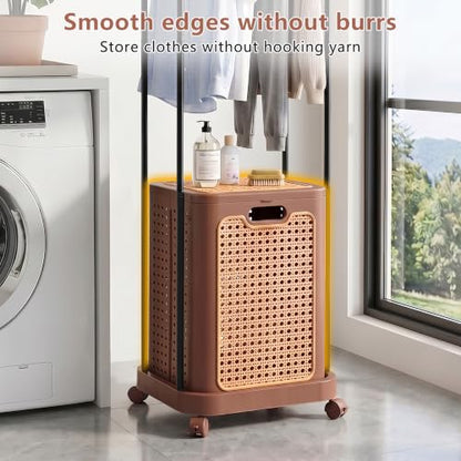 VECELO Laundry Hamper with Clothes Rack, Rolling Laundry Basket with Lid and Wheels, Tall Clothes Stand for Hanging Clothes, Multifunctional Laundry Organizer for Bedroom, Bathroom, Brown - color: Brown