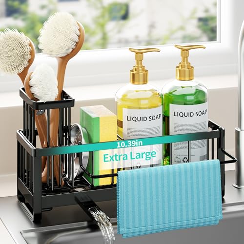 HapiRm Sponge Holder for Kitchen Sink - Self-draining Sink Caddy with Brush and Dishcloth Holder, Stainless Steel Sponge Caddy for Countertop - Black(Large) - color: Black-Large, size: with Dishcloth Holder