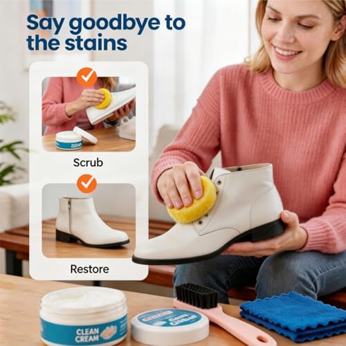 Liecho White Shoe Cleaner Cream – No-Wash Solid Cleaning Paste with Cloth & Shoe Brush Included – Multipurpose White Shoe Cleaner for Leather Sneakers, Soles, Canvas, Bags