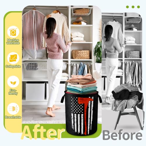 American Flag Red Line Ax Laundry Basket Foldable Waterproof 18.9x16.5 Inch - color: American Flag Red Line Ax
