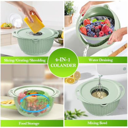 4 in 1 Colander with Bowl Set, Food Strainers and Colanders, Colander for Kitchen, Pasta Strainer, Fruit Washing Bowl, Kitchen Essentials Strainer Basket Bowl, Green, Christmas & New Year Gifts - color: Green