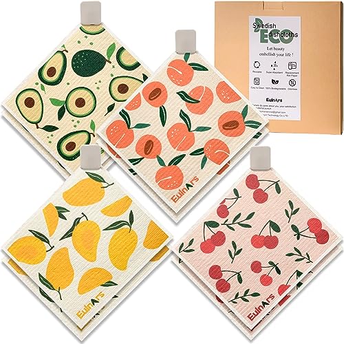 Eulnars Swedish Dishcloths for Kitchen, 8 Pack Reusable Paper Towels with Clips, Non-Scratch Swedish Kitchen Towels, Super Absorbent Cellulose Sponge Cloths, Dishwasher Safe, No Odor - color: Fruit Party
