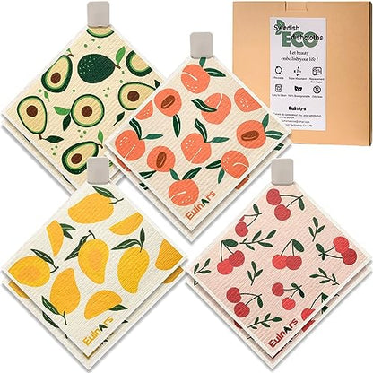 Eulnars Swedish Dishcloths for Kitchen, 8 Pack Reusable Paper Towels with Clips, Non-Scratch Swedish Kitchen Towels, Super Absorbent Cellulose Sponge Cloths, Dishwasher Safe, No Odor - color: Fruit Party