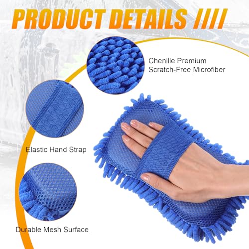 3 Pack Chenille Premium Scratch-Free Microfiber Car Wash Sponges, Non-Scratch Car Cleaning Wash Mitt, Ultra-Soft Glove, Swirl-Free Finish, Safe for Trucks, Suvs(Multicolor) - color: Multicolor