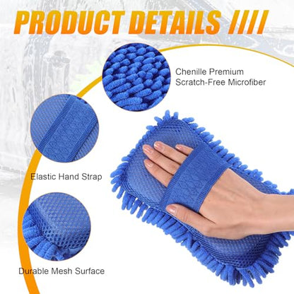 3 Pack Chenille Premium Scratch-Free Microfiber Car Wash Sponges, Non-Scratch Car Cleaning Wash Mitt, Ultra-Soft Glove, Swirl-Free Finish, Safe for Trucks, Suvs(Multicolor) - color: Multicolor
