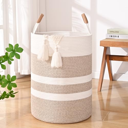 Large Laundry Basket, Laundry Hamper with Leather Handles, 60L Woven Dirty Clothes Hamper, Rope Hampers for Bedroom, Barthroom, Brown - color: Brown & White, size: 60L