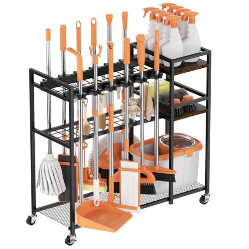 Broom Holder Cleaning Cart with Cleaning Supplies Organizer – 12 Grippers, 8 Hooks, 2 Mesh & 2 Board Racks, Large Grid Base, 4 Wheels – Rolling Storage for Home Laundry Room Organization