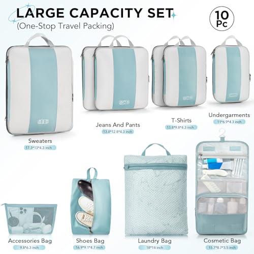 OlarHike 10 Set Compression Packing Cubes for Travel Essentials,Compressible Expandable Space Saver Bags for Organizing Clothes,Luggage Suitcase Garment Bags with Over 1000 pcs Mesh Holes(Blue Gray) - color: Blue Gray