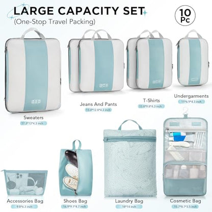 OlarHike 10 Set Compression Packing Cubes for Travel Essentials,Compressible Expandable Space Saver Bags for Organizing Clothes,Luggage Suitcase Garment Bags with Over 1000 pcs Mesh Holes(Blue Gray) - color: Blue Gray
