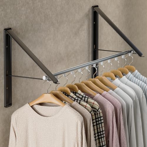 Dr.DJ Clothes Drying Rack with Rod, Wall-Mounted Retractable & Foldable Clothes Hanger for Laundry Room Organization and Storage, Metal Clothes Hanger Rack for Dorm, Closet, Balcony 2Rack, 1Rod Black - color: Black 2racks With Rod