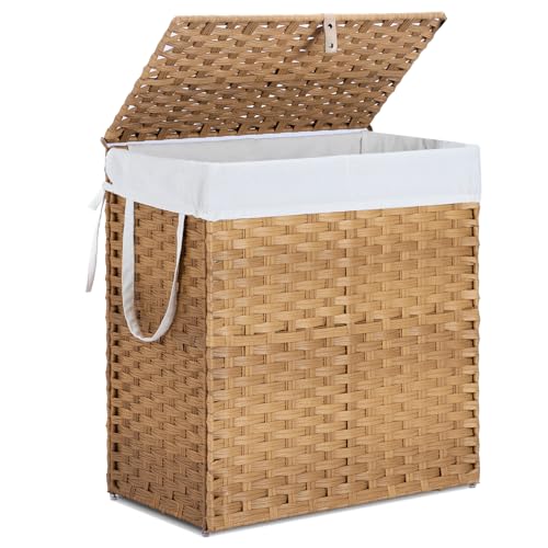 Laundry Basket with Lid, 110 L Rattan Clothes Laundry Basket with Lid and Handles, Foldable Clothes Hamper, Removable Liner, Goose Yellow - color: Goose Yellow, size: 110 L