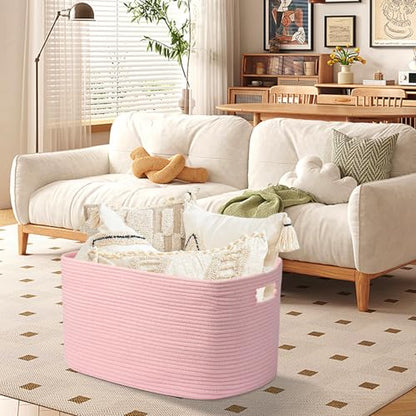 25"x16"x16" Rectangle Pink Woven Blanket Basket,Large Basket - color: Pink, size: 108L
