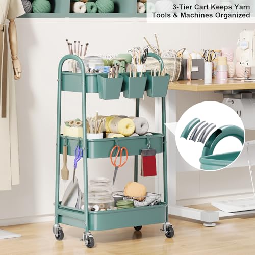 3 Tier Green Metal Rolling Cart with Lockable Wheels and Handle, 3 Tiered - color: Elegant Green, size: 3 tier