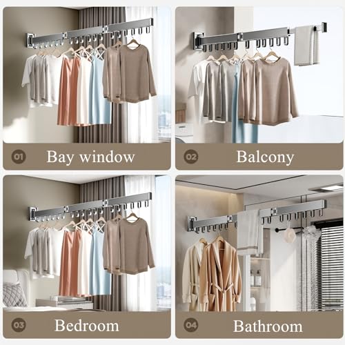 Wall Mounted Foldable Clothes Drying Rack with 18 Hooks, No-Drill, Black - color: Black