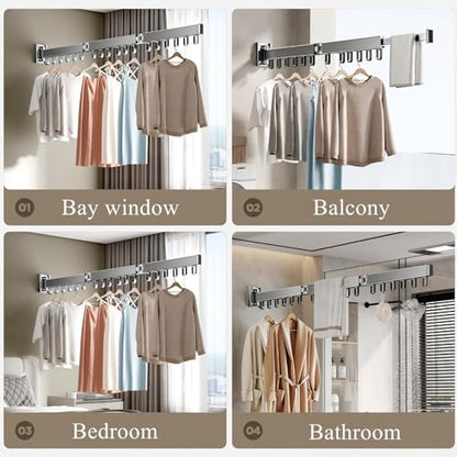 Wall Mounted Foldable Clothes Drying Rack with 18 Hooks, No-Drill, Black - color: Black