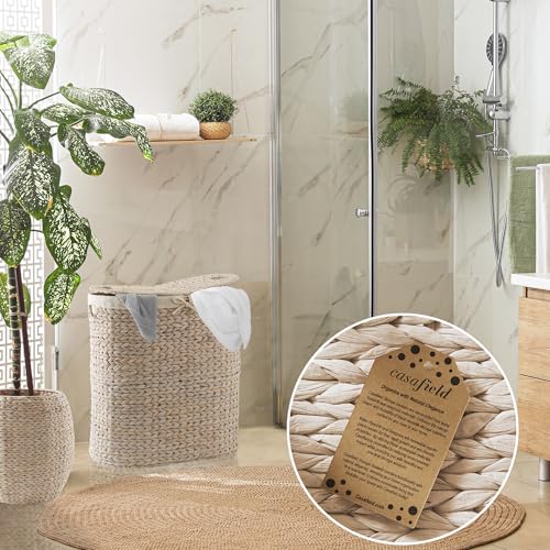 Casafield Oval Laundry Hamper with Lids and Removable Liner Bags - Whitewash White, Woven Water Hyacinth 2-Section Laundry Basket Clothes Sorter - color: Whitewash