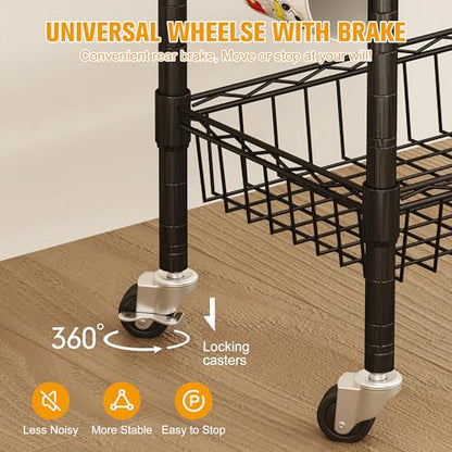 Homeiju Rolling Kitchen Storage Cart, 3-Tier Storage Rack on Caster Wheels with Adjustable 2 Baskets, Coffee Station Cart Rack Shelf Organizer for Living Room Office, Balcony, Rustic Brown/Black