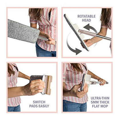 JFB Home Products Micro Flat Mop & Bucket System, Hands-Free Wringing Floor Cleaning, 3 Washable & Reusable Microfiber Pads, Wet or Dry Usage on Wood, Marble, Tile, Laminate, Ceramic and Vinyl Floors